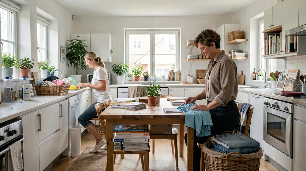 Zwei Personen sortieren Wäsche und Zeitschriften an einem Holztisch in einer hellen Wohnküche