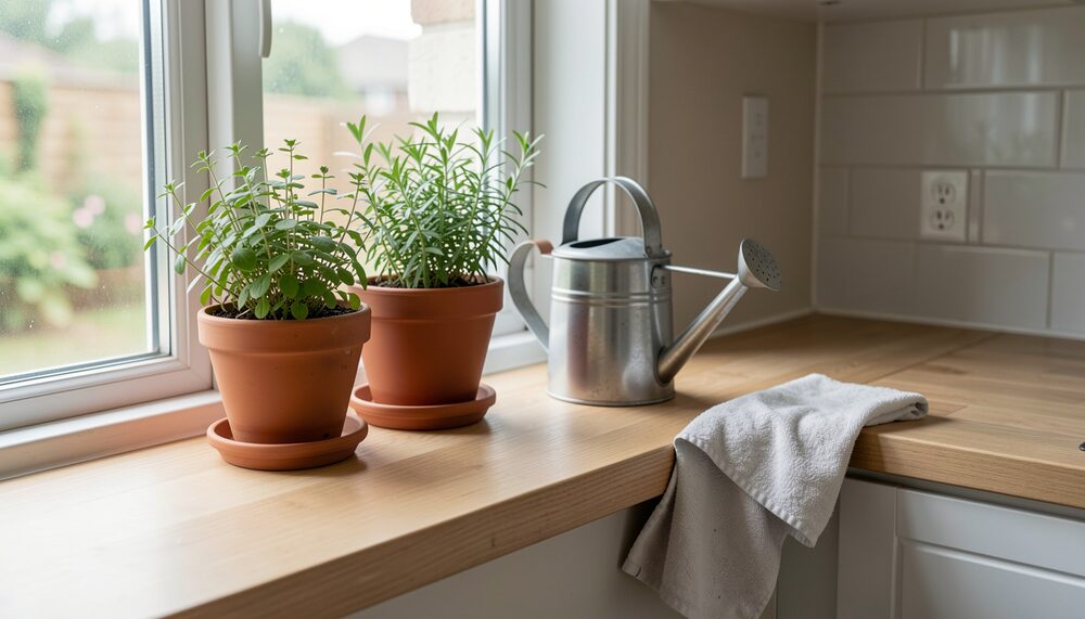 Fensterbrett in der Küche mit Kräutern in Töpfen, Gießkanne und Spültuch