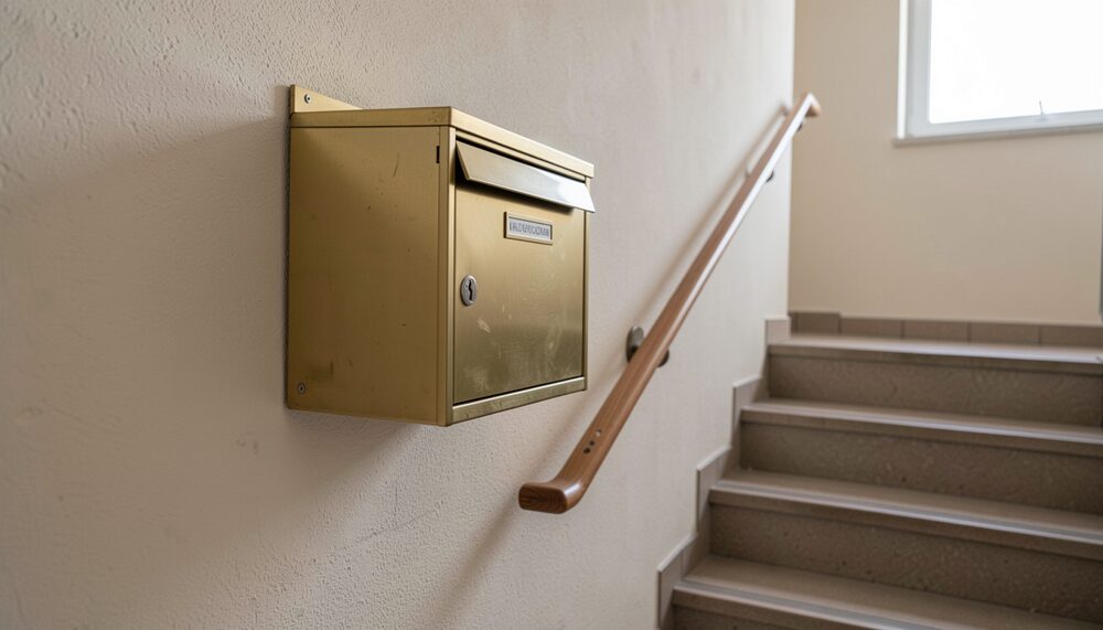 Messing-Briefkasten im Treppenhaus eines deutschen Wohnhauses neben einem Handlauf