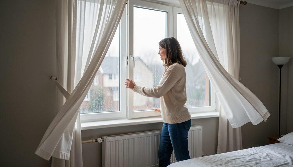 Eine Frau öffnet am kalten Morgen ein weites Schlafzimmerfenster über einem Heizkörper