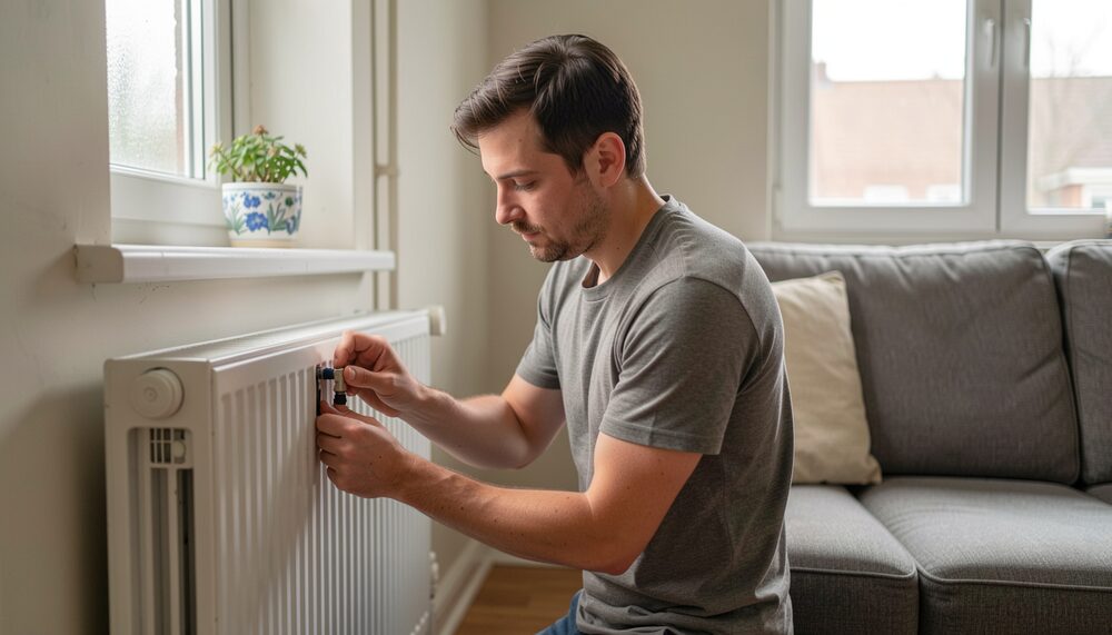 Ein Mieter stellt in einem schlichten Wohnzimmer das Thermostatventil eines Heizkörpers ein
