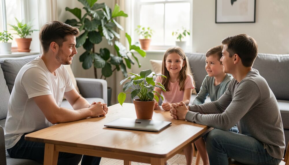 Eine junge Familie sitzt mit geschlossenem Laptop um einen Wohnzimmertisch