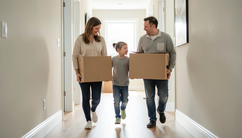 Eine Familie trägt schlichte Kartons am Umzugstag durch einen hellen Flur