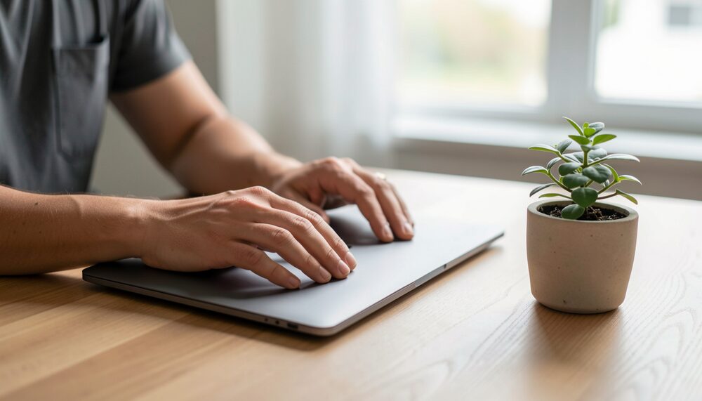Eine Person klappt an einem aufgeräumten Schreibtisch einen Laptop zu