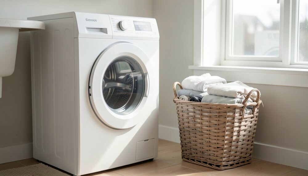 Helles Waschzimmer mit einer schlichten Waschmaschine und einem Korb heller Wäsche